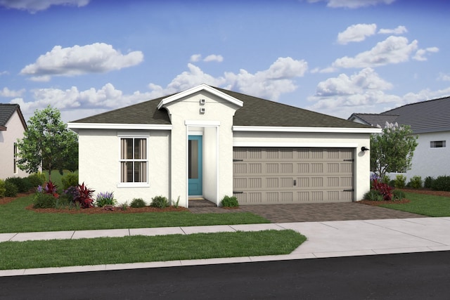 306 Silver Sands Ln Unit 17, Fort Pierce, FL 34945 - ranch-style house featuring an attached garage, driveway, stucco siding, and a front yard