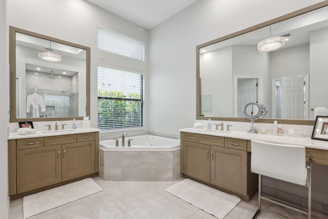 16770 Burlington Bristol Ln, Delray Beach, FL 33446 - full bath with a stall shower, a garden tub, two vanities, and a chandelier