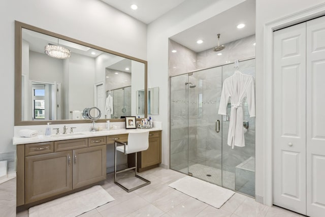 16770 Burlington Bristol Ln, Delray Beach, FL 33446 - full bathroom with a stall shower, vanity, and recessed lighting
