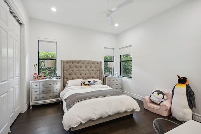 16770 Burlington Bristol Ln, Delray Beach, FL 33446 - bedroom with hardwood / wood-style flooring, multiple windows, a closet, recessed lighting, and a ceiling fan