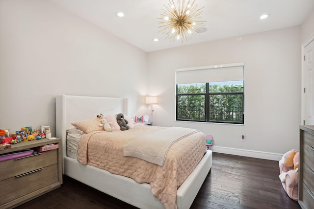 16770 Burlington Bristol Ln, Delray Beach, FL 33446 - bedroom with a chandelier, dark wood finished floors, recessed lighting, and baseboards