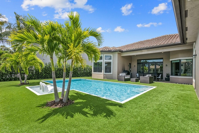 16770 Burlington Bristol Ln, Delray Beach, FL 33446 - outdoor pool with an outdoor hangout area, a yard, and a patio area