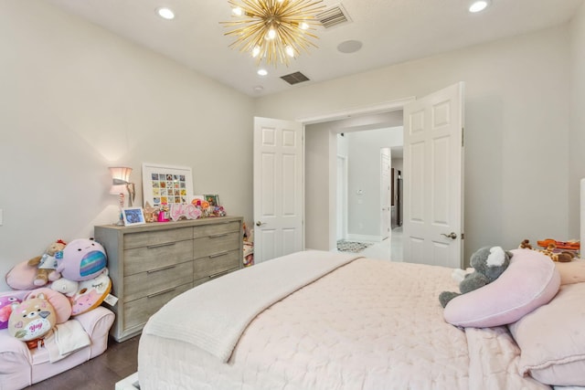 16770 Burlington Bristol Ln, Delray Beach, FL 33446 - bedroom featuring a chandelier, recessed lighting, and dark wood-type flooring