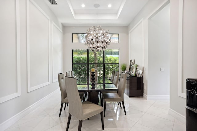 16770 Burlington Bristol Ln, Delray Beach, FL 33446 - dining area featuring light marble finish floors, a chandelier, baseboards, recessed lighting, and a raised ceiling