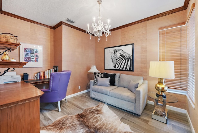 8208 Heritage Club Dr, West Palm Beach, FL 33412 - office area with a chandelier, baseboards, ornamental molding, and wood finished floors