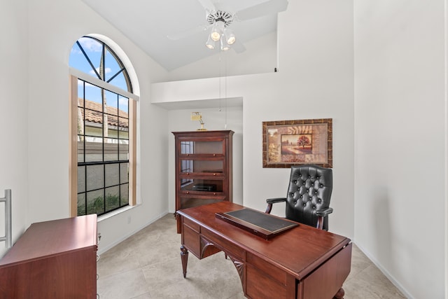 10194 N Lexington Cir, Boynton Beach, FL 33436 - office space with a ceiling fan, baseboards, and high vaulted ceiling