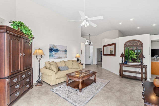 10194 N Lexington Cir, Boynton Beach, FL 33436 - living area with ceiling fan, lofted ceiling, recessed lighting, and baseboards