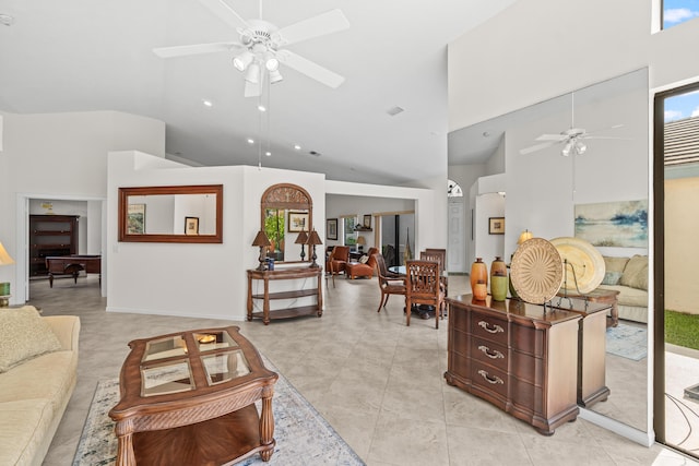 10194 N Lexington Cir, Boynton Beach, FL 33436 - living area featuring ceiling fan, high vaulted ceiling, and light tile patterned floors