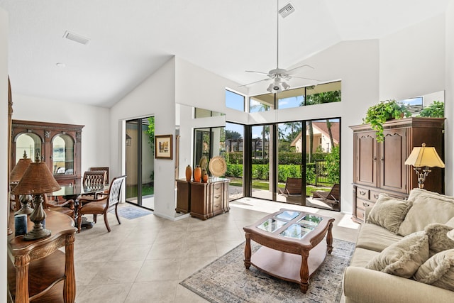 10194 N Lexington Cir, Boynton Beach, FL 33436 - living area featuring high vaulted ceiling, a ceiling fan, and light tile patterned floors