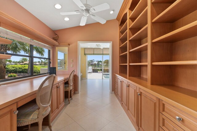 4402 SW Dundee Ct, Palm City, FL 34990 - office space with ceiling fan, light tile patterned floors, built in study area, and recessed lighting