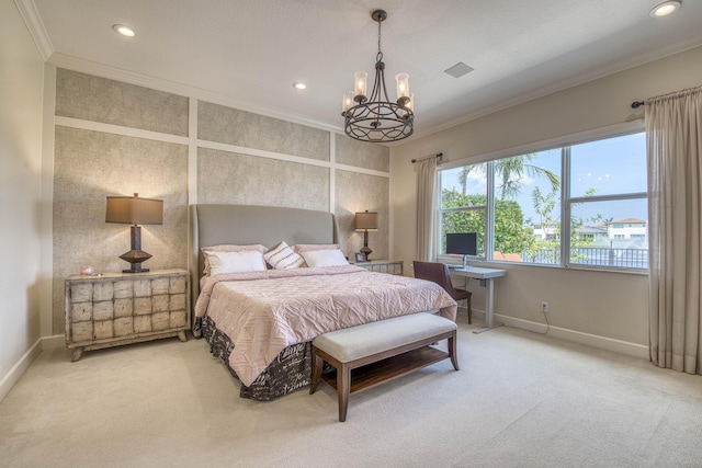 4858 Marginada Way, Lake Worth, FL 33467 - bedroom with ornamental molding, carpet flooring, a chandelier, baseboards, and recessed lighting