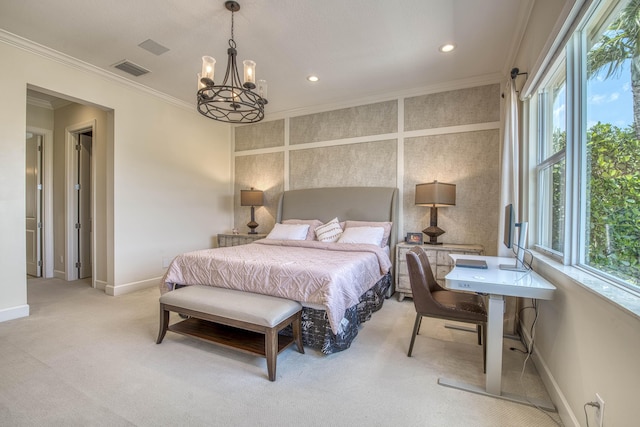 4858 Marginada Way, Lake Worth, FL 33467 - bedroom featuring light colored carpet, ornamental molding, baseboards, a chandelier, and recessed lighting