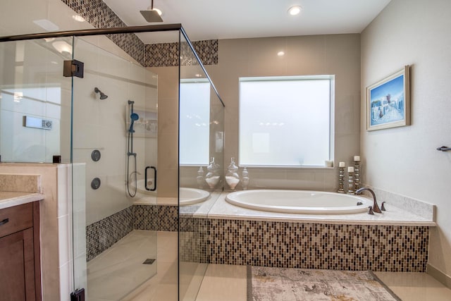 4858 Marginada Way, Lake Worth, FL 33467 - full bathroom featuring a bath, a stall shower, tile patterned floors, and vanity