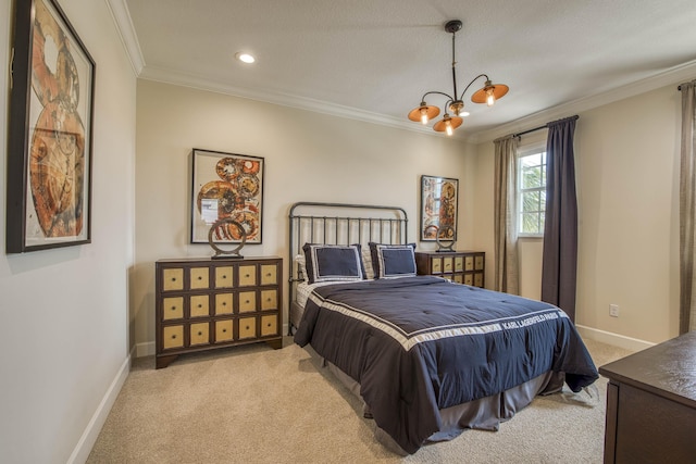 4858 Marginada Way, Lake Worth, FL 33467 - bedroom featuring light carpet, ornamental molding, a chandelier, baseboards, and recessed lighting