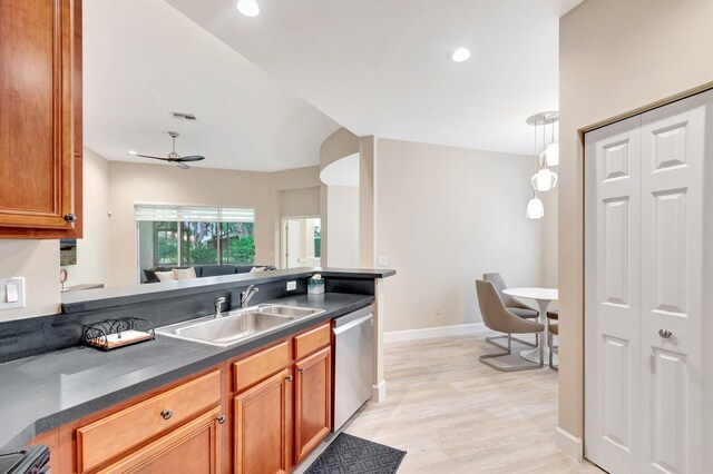 12522 Via Ravenna, Boynton Beach, FL 33436 - kitchen with dishwasher, a sink, dark countertops, ceiling fan, and brown cabinets