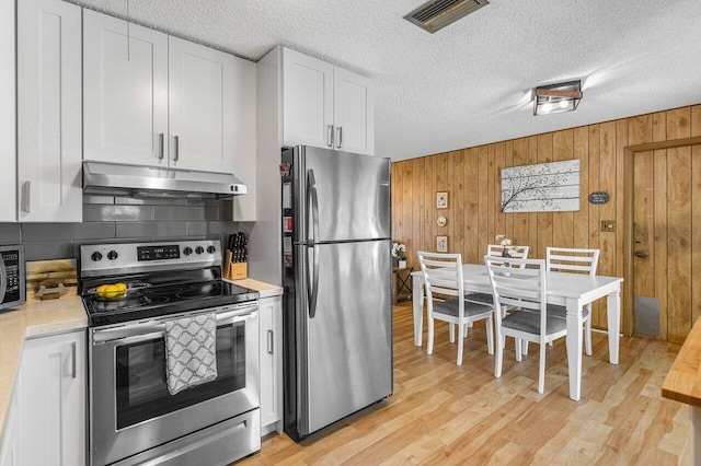 4971 N Kay St, Palm Beach Gardens, FL 33418 - kitchen featuring appliances with stainless steel finishes, under cabinet range hood, light countertops, white cabinets, and wooden walls