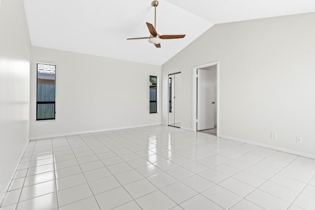 9496 Majestic Way, Boynton Beach, FL 33437 - unfurnished room with ceiling fan, baseboards, light tile patterned floors, and high vaulted ceiling
