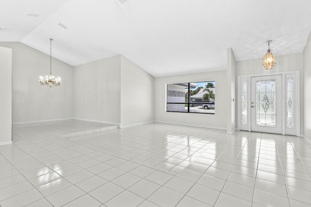 9496 Majestic Way, Boynton Beach, FL 33437 - unfurnished living room featuring a chandelier, light tile patterned flooring, baseboards, and vaulted ceiling