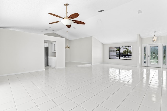 9496 Majestic Way, Boynton Beach, FL 33437 - unfurnished room with lofted ceiling, a ceiling fan, light tile patterned floors, and baseboards