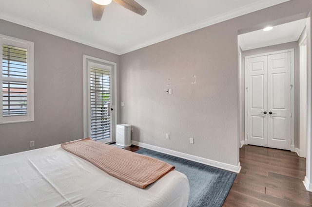 850 NW 83rd Ln, Boca Raton, FL 33487 - bedroom with wood finished floors, baseboards, crown molding, and ceiling fan