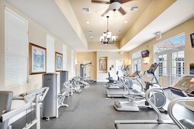 850 NW 83rd Ln, Boca Raton, FL 33487 - gym with a chandelier, a ceiling fan, baseboards, and recessed lighting