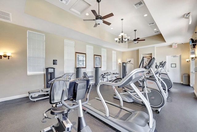 850 NW 83rd Ln, Boca Raton, FL 33487 - exercise room featuring ceiling fan, a chandelier, recessed lighting, a raised ceiling, and baseboards