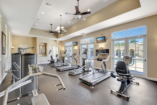 850 NW 83rd Ln, Boca Raton, FL 33487 - workout area with ceiling fan, baseboards, recessed lighting, and a chandelier