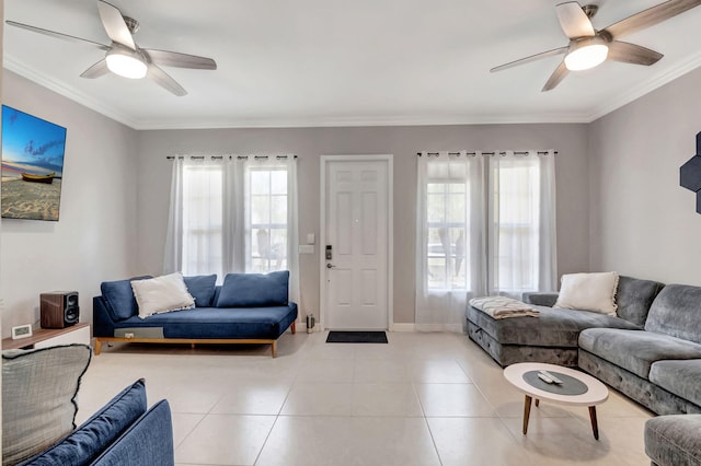 850 NW 83rd Ln, Boca Raton, FL 33487 - living area with a ceiling fan, crown molding, baseboards, and light tile patterned floors