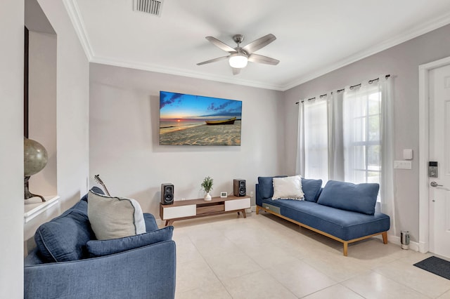 850 NW 83rd Ln, Boca Raton, FL 33487 - living room with ornamental molding, a ceiling fan, and light tile patterned floors