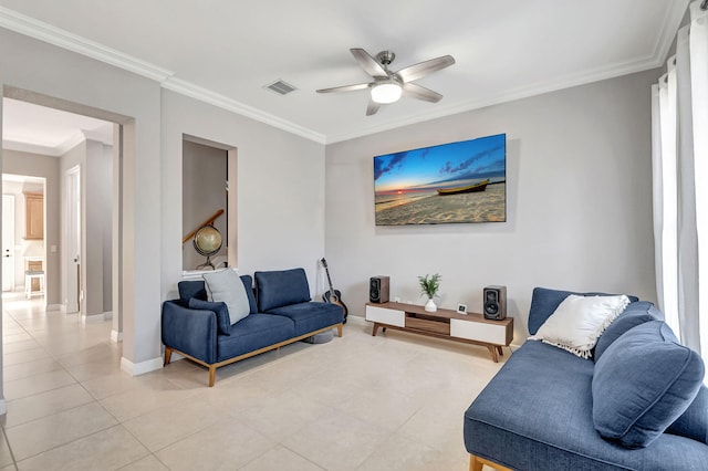 850 NW 83rd Ln, Boca Raton, FL 33487 - living room featuring a ceiling fan, ornamental molding, baseboards, and light tile patterned floors