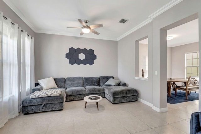 850 NW 83rd Ln, Boca Raton, FL 33487 - living room with a ceiling fan, ornamental molding, light tile patterned floors, and baseboards