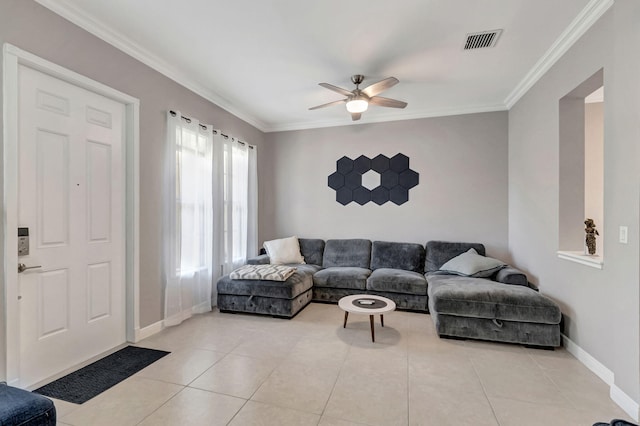 850 NW 83rd Ln, Boca Raton, FL 33487 - living area with ornamental molding, ceiling fan, light tile patterned floors, and baseboards