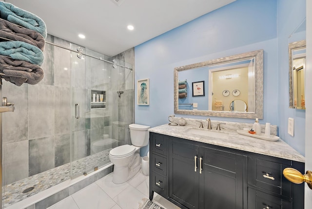 6860 SE Constitution Blvd Unit 204, Hobe Sound, FL 33455 - full bath with toilet, vanity, a stall shower, and recessed lighting