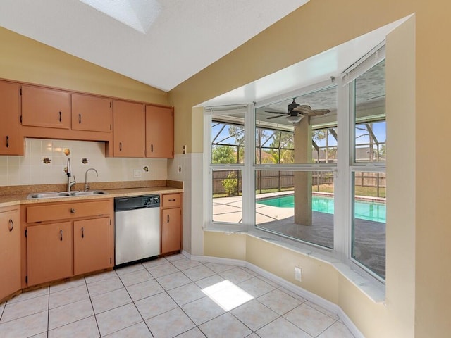 1030 Locust Ave NW, Palm Bay, FL 32907 - kitchen featuring dishwasher, a sink, lofted ceiling, backsplash, and healthy amount of natural light