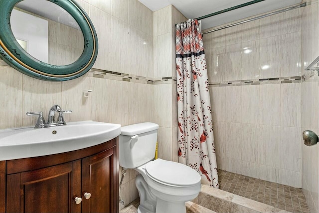 9880 Marina Blvd Unit 1504, Boca Raton, FL 33428 - bathroom featuring tiled shower, toilet, vanity, and tile walls