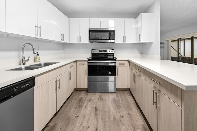 5135 Mirror Lakes Blvd, Boynton Beach, FL 33472 - kitchen featuring stainless steel appliances, a sink, a peninsula, light wood-style flooring, and light countertops