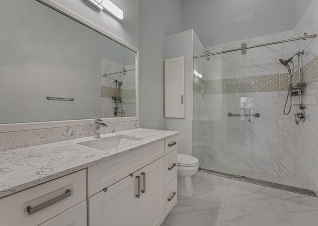 8592 Logia Cir, Boynton Beach, FL 33472 - bathroom with toilet, a stall shower, vanity, and marble finish floors