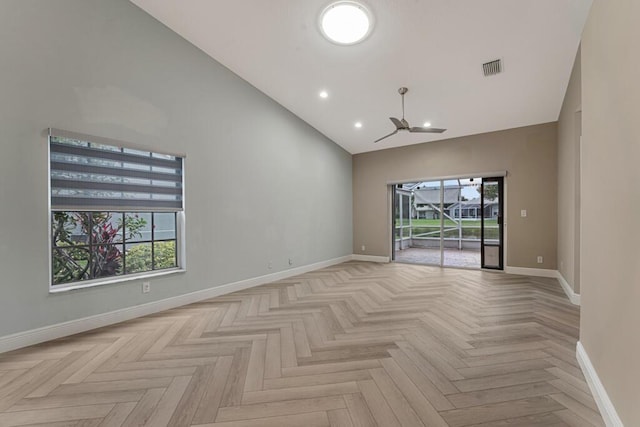 8592 Logia Cir, Boynton Beach, FL 33472 - spare room featuring ceiling fan, high vaulted ceiling, baseboards, and recessed lighting