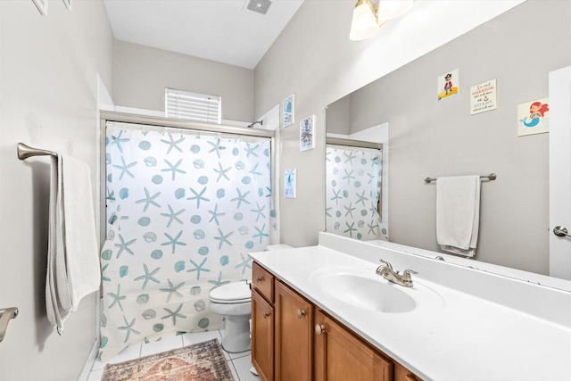 2481 SE Berkshire Blvd, Port Saint Lucie, FL 34952 - bathroom featuring vanity, curtained shower, toilet, and tile patterned flooring