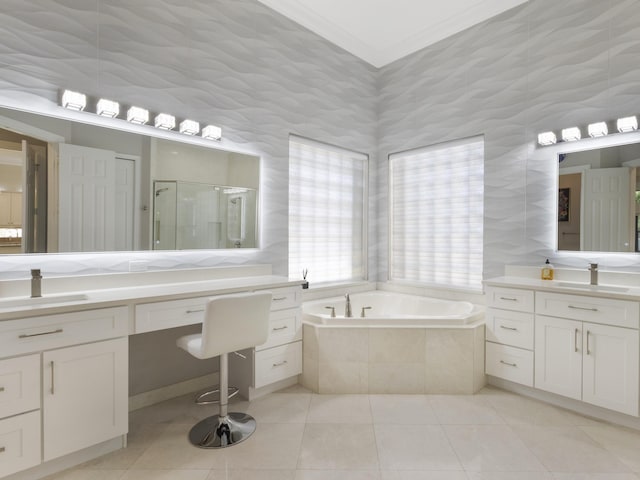 8784 Lewis River Rd, Delray Beach, FL 33446 - full bath with a shower stall, a bath, two vanities, tile patterned flooring, and ornamental molding