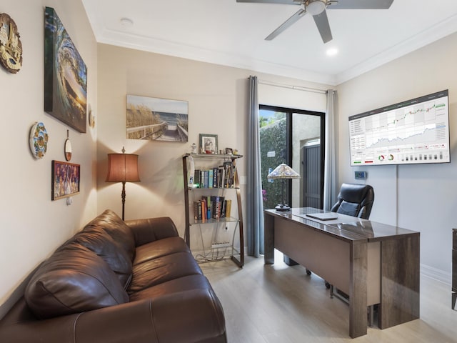8784 Lewis River Rd, Delray Beach, FL 33446 - office area featuring wood finished floors, a ceiling fan, crown molding, recessed lighting, and baseboards
