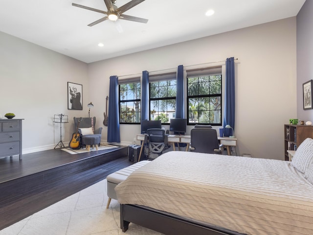 8784 Lewis River Rd, Delray Beach, FL 33446 - bedroom with recessed lighting, wood finished floors, baseboards, an office area, and a ceiling fan