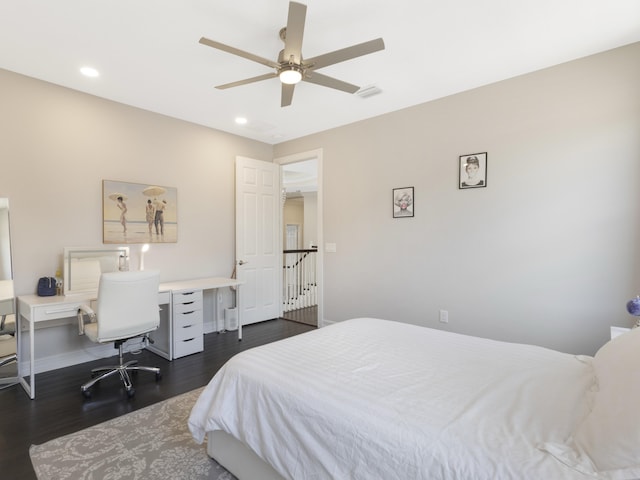 8784 Lewis River Rd, Delray Beach, FL 33446 - bedroom featuring dark wood-style flooring, recessed lighting, baseboards, a desk, and a ceiling fan