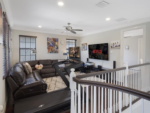 8784 Lewis River Rd, Delray Beach, FL 33446 - living area featuring a ceiling fan, crown molding, and recessed lighting