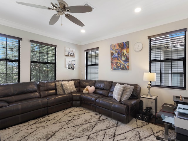 8784 Lewis River Rd, Delray Beach, FL 33446 - living area featuring ceiling fan, ornamental molding, and recessed lighting
