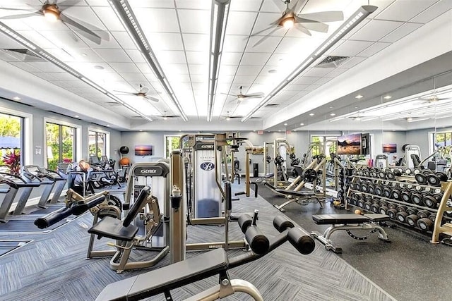 8784 Lewis River Rd, Delray Beach, FL 33446 - gym featuring a ceiling fan