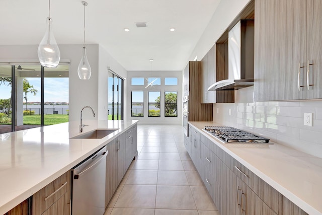 8660 W Parkland Bay Trl, Parkland, FL 33076 - kitchen with appliances with stainless steel finishes, a sink, wall chimney range hood, backsplash, and modern cabinets