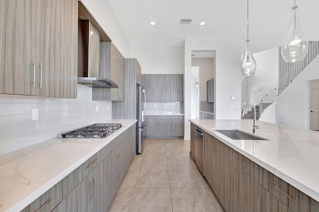 8660 W Parkland Bay Trl, Parkland, FL 33076 - kitchen featuring wall chimney exhaust hood, a sink, stainless steel appliances, modern cabinets, and recessed lighting