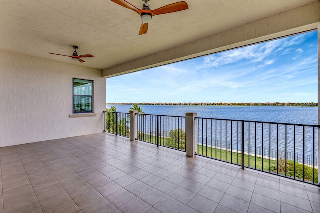 8660 W Parkland Bay Trl, Parkland, FL 33076 - view of patio with a ceiling fan, a water view, and a balcony