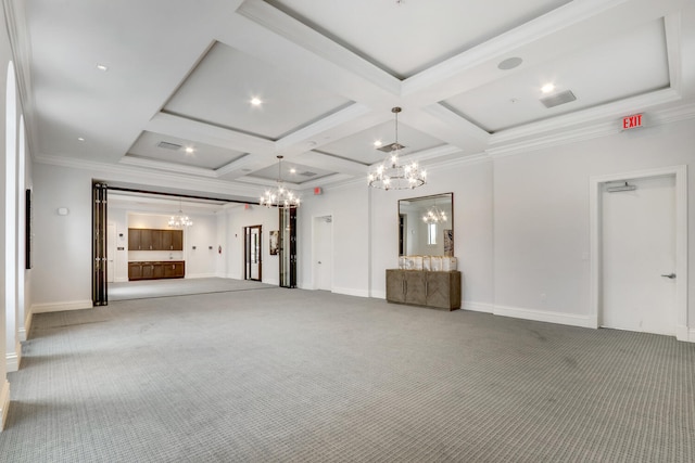 8660 W Parkland Bay Trl, Parkland, FL 33076 - unfurnished living room featuring a chandelier, coffered ceiling, carpet, baseboards, and beam ceiling